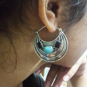 Large Silver sterling Amazonite black Onyx Hoop Earrings / 1.50 inch / silver 925 / Handmade Bali art jewelry / 720m image 3