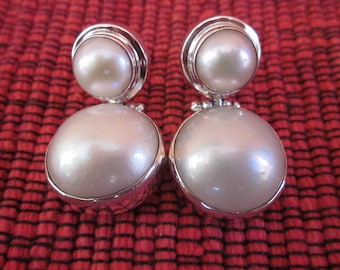 Striking Sterling Silver Pearl Stud Earrings / White Mabe Pearl Earrings /  Silver 925 /  Bali Handmade Jewelry