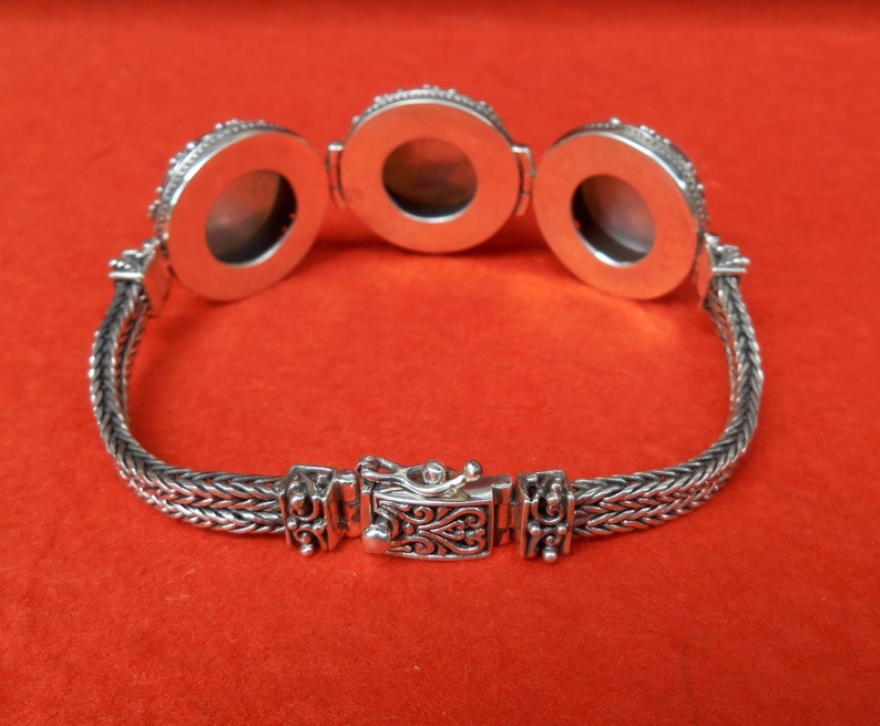 #311m Solid sterling silver white ocean mabe pearl bracelet Bali handmade art jewelry granulation technique