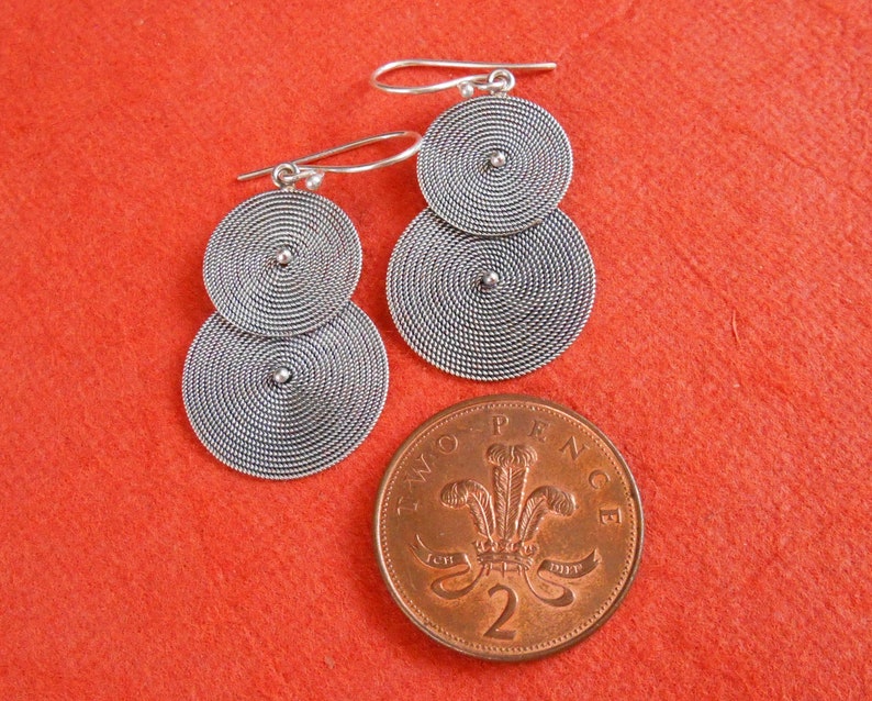 #790m Double Circle Silver sterling dangle Earrings 2 inch long silver 925 Handmade Bali jewelry