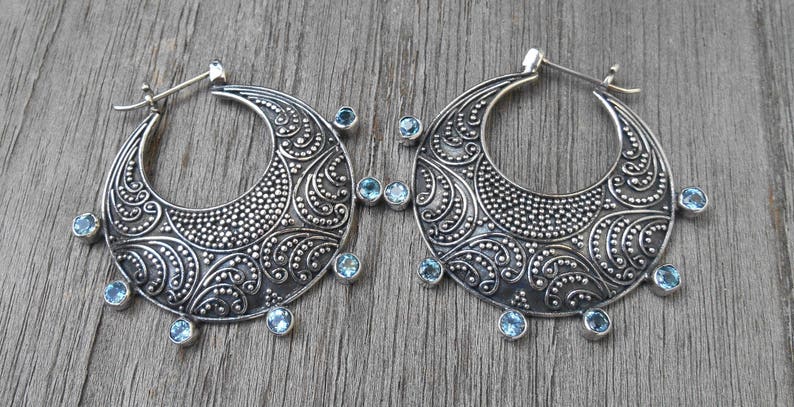 Granulation silver technique Silver sterling blue Topaz gemstone hoop earrings silver 925 Bali handmade jewelry 1.50 inch #787m
