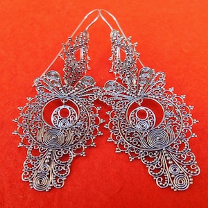 Large Sterling Silver Traditional Dangle Earrings / silver 925 / Bali handmade earrings art / 3.25 inches long / (#85Km) M