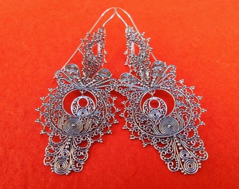 Large Sterling Silver Traditional Dangle Earrings / silver 925 / Bali handmade earrings art / 3.25 inches long / (#85Km) M