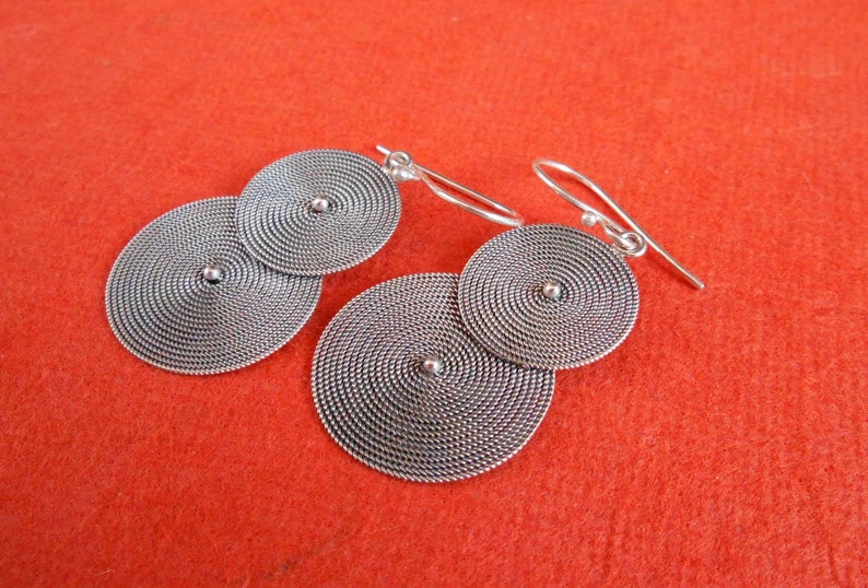 #790m Double Circle Silver sterling dangle Earrings 2 inch long silver 925 Handmade Bali jewelry