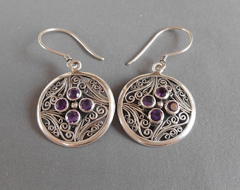 Elegant Sterling Silver Amethyst gemstones dangle earrings / silver 925 / Bali art jewelry / 1.50 inch long / N