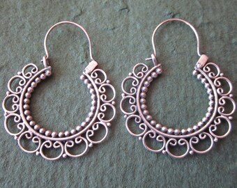 Balinese Sterling Silver circle hoop Earrings / silver 925 /  Bali handmade art jewelry / 1.25 inch /  (#118cm)