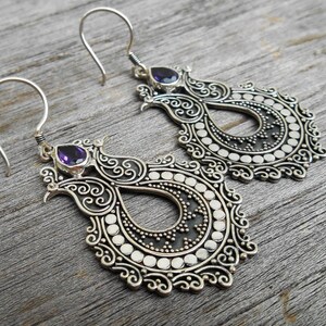 Solid Sterling silver genuine Amethyst gemstones dangle earrings / silver 925  / 2.25 inch long