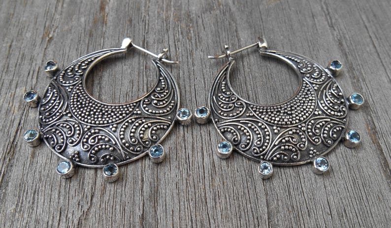 Granulation silver technique Silver sterling blue Topaz gemstone hoop earrings silver 925 Bali handmade jewelry 1.50 inch #787m