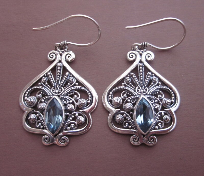 Elegant Silver Sterling Topaz Gemstones Dangle Earrings / Bali - Etsy