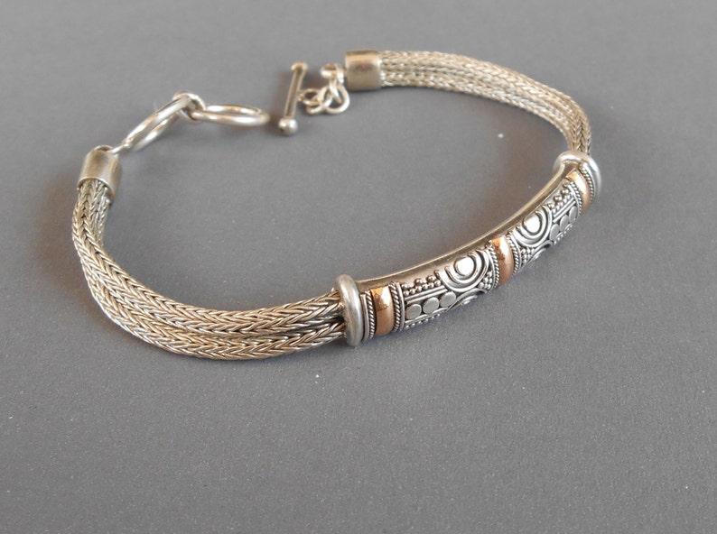 Balinese Sterling Silver bracelet / silver 925 / Gold foil / Bali handmade art Jewelry / pendant made in granulation technique / 7 inch long image 2