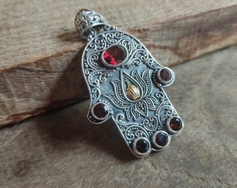 Solid heavy sterling Silver Hamsa Khamsa Garnet gemstone gold pendant / silver 925 / Bali art handmade jewelry / 2.25 inch long  (#131p)