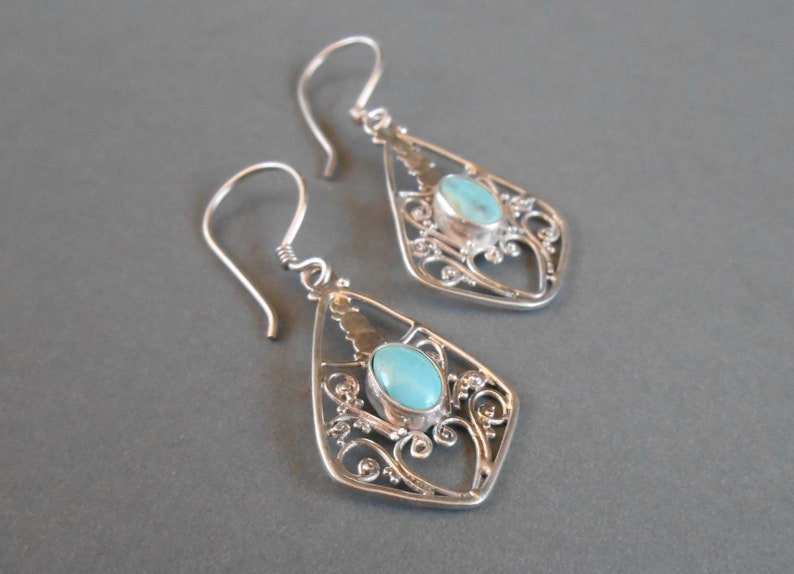 Balinese Sterling Silver Turquoise gemstone dangle earrings / Bali handmade art jewelry / silver 925 / 306K image 6