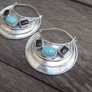 Large Silver sterling Amazonite black Onyx Hoop Earrings / 1.50 inch / silver 925 / Handmade Bali art jewelry / 720m image 10