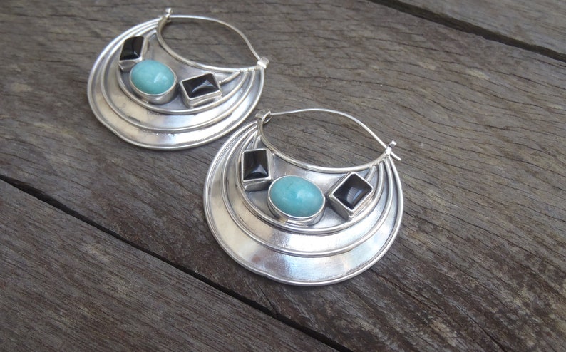 Large Silver sterling Amazonite black Onyx Hoop Earrings / 1.50 inch / silver 925 / Handmade Bali art jewelry / 720m image 10