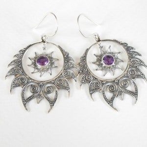 Silver sterling genuine amethyst gemstone shooting star earrings / 2 inch long / silver 925 / Bali art jewelry / (#314ez)