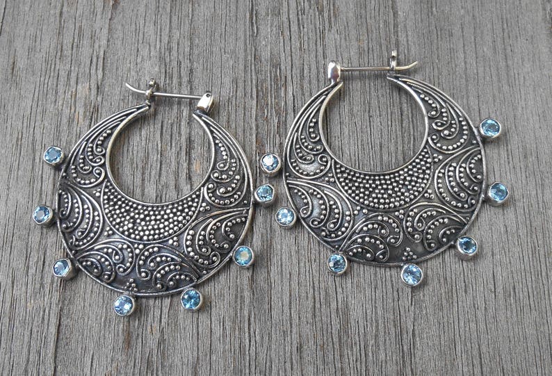 Granulation silver technique Silver sterling blue Topaz gemstone hoop earrings silver 925 Bali handmade jewelry 1.50 inch #787m