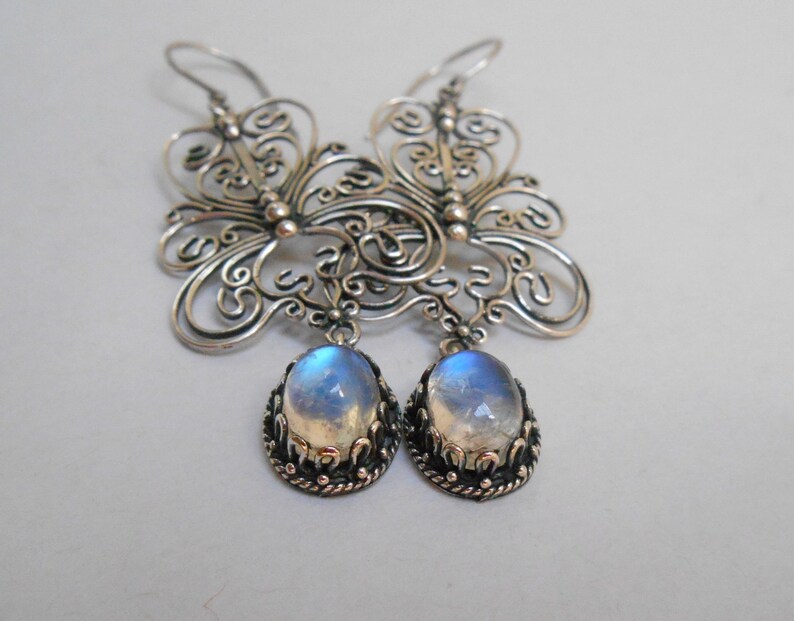 Balinese Sterling Silver moonstone gemstone dangle Earrings 2.25 inch long Bali Handmade Jewelry