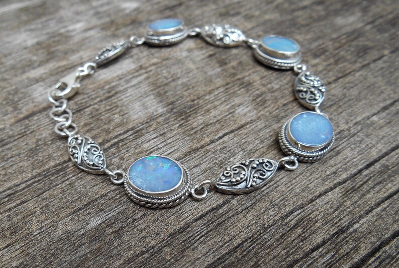 Sterling Silver Genuine Blue Opal Doublet Gemstone Bracelet / Etsy