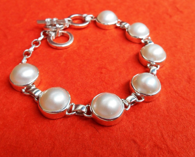 White ocean mabe pearl chain sterling Silver bracelet Silver 925 Bali handmade jewelry #124B