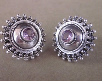 Sterling Silver purple amethyst gemstone stud Earrings / Granulation technique / Bali handmade art jewelry / silver 925 / (#51m)