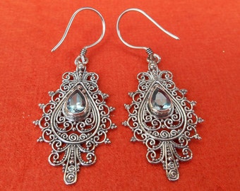 Balinese Sterling Silver genuine blue Topaz gemstone dangle Earrings / 2 inch long / silver 925 / (#134e)
