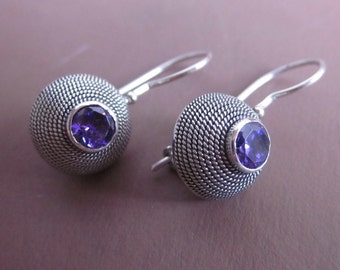 Balinese Sterling Silver circle genuine amethyst gemstone earrings  / silver 925 / Bali Handmade Jewelry / (#87m) N