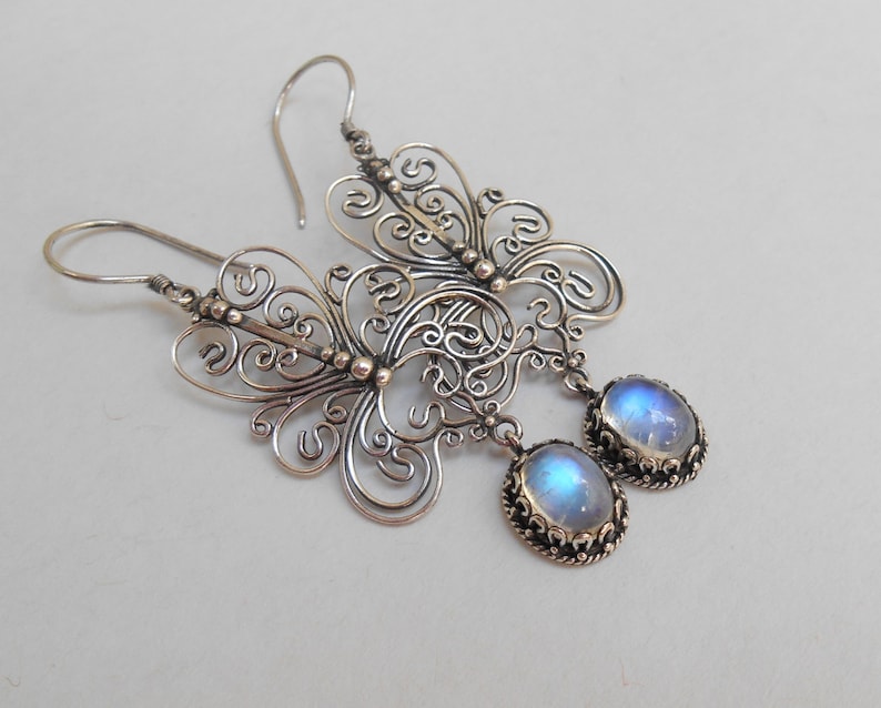 Balinese Sterling Silver moonstone gemstone dangle Earrings 2.25 inch long Bali Handmade Jewelry