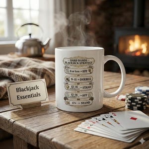 May include: A white ceramic mug featuring a blackjack strategy guide, with the text "Hard Hands Blackjack Strategy". The mug is on a wooden table with playing cards, poker chips, and a sign that says "Blackjack Essentials". Steam rises from the mug.