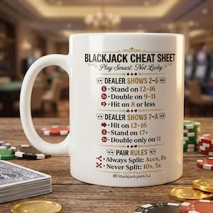 May include: White ceramic mug with a blackjack cheat sheet printed on it. The text includes dealer instructions, pair rules, and the phrase "Play Smart. Not Lucky." The mug is on a wooden table with poker chips and gold coins.
