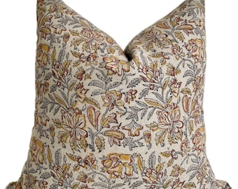Keaton || Handblock Handmade Floral Linen Brown Taupe Yellow Gray Pillow Cover | Artisanal Neutral High-Quality Linen Pillow | 20x20 Inches