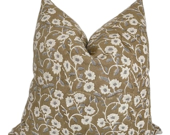 Maisie || Hand Block Print Handmade Neutral Brown Floral Linen Pillow Cover | Artisanal Designer High-Quality Linen Pillow Cover | 20x20