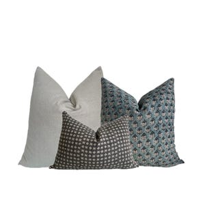 Seraphina Linen Pillow Cover Combination Set - Neutral Handmade Block Print Designer Throw Pillow Cover Combo | Set of 3 | Blue Beige Gray
