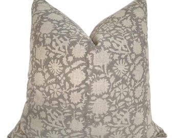 Faye || Hand Block Handmade Designer Soft-Gray Linen Pillow Cover | Artisanal Neutral High-Quality Pillows | 20x20, 14x20