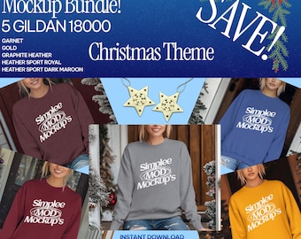 May include: Mockup bundle of five Gildan 18000 sweatshirts in different colours: garnet, gold, graphite heather, heather sport royal, and heather sport dark maroon. The sweatshirts are shown on models in a Christmas theme setting. The text "Simplee MOD Mockup's" is printed on each sweatshirt.
