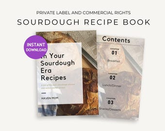 May include: A digital download for a sourdough recipe book with a cover featuring a close-up of a loaf of sourdough bread. The book title is "In Your Sourdough Era Recipes" and the subtitle is "A list of the best sourdough discard and active starter recipes". The book also includes a table of contents with chapters for breakfast, lunch/dinner, and snacks/desserts.