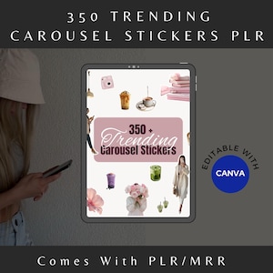 May include: A digital tablet screen displaying a collection of 350+ trending carousel stickers. The stickers are colorful and feature various designs, including drinks, flowers, and other trendy elements. The text "350+ Trending Carousel Stickers" is displayed on the screen. The text "Editable with Canva" is displayed on a blue circle in the upper right corner of the screen.