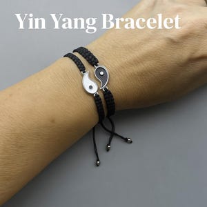 Yin Yang Couple Bracelets Set - Handmade Macrame Cord Jewelry with Silver Plated Charm - Matching Halloween Bracelets