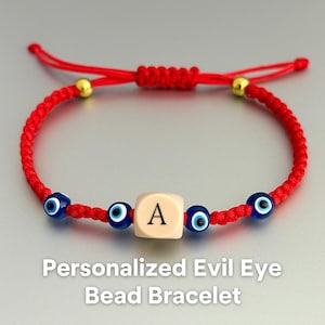 Pulsera de ojo azul, pulsera de protección roja, pulsera con inicial, regalo de joyería de ojo azul para ella, pulsera de la amistad, pulsera roja de buena suerte