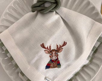 Reindeer Embroidered Linen Blend Napkin