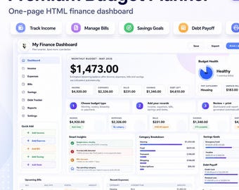 Budget Planner HTML Template, Monthly Expense Tracker, Paycheck Budget Dashboard, Savings Debt Tracker, No Excel, Dark Mode