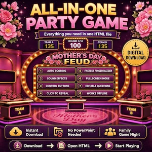 Puede incluir: Gráfico de juego de fiesta digital con el texto "ALL-IN-ONE PARTY GAME" y "MOTHER'S DAY FEUD". Incluye puntuación automática, efectos de sonido y modo de pantalla completa. Incluye un botón de "DESCARGA DIGITAL" y el texto "Noche de juegos en familia".
