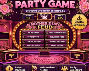 Juego de mesa Feud para el Día de la Madre en formato HTML, no requiere PowerPoint, ideal para noches de juegos en familia, preguntas editables y descarga digital instantánea.