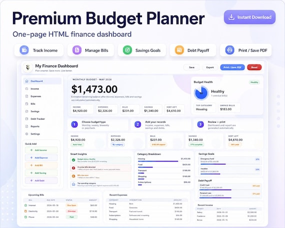 Budget Planner HTML Template, Expense Tracker, Dark Mode Dashboard (Digital Download)