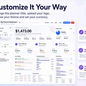 May include: A digital finance dashboard with a customizable interface. The screen displays financial data, including income, expenses, and savings. Features include editable planner name, logo upload, and theme options. The text "Customize It Your Way" is at the top.