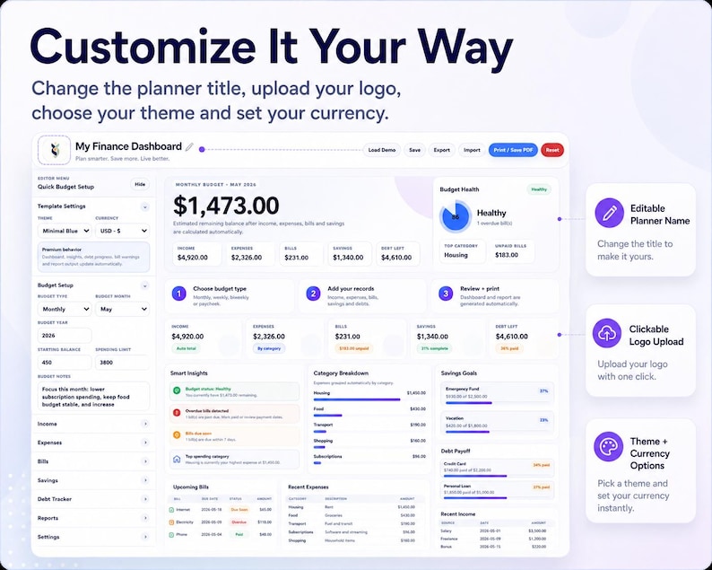 May include: A digital finance dashboard with a customizable interface. The screen displays financial data, including income, expenses, and savings. Features include editable planner name, logo upload, and theme options. The text "Customize It Your Way" is at the top.
