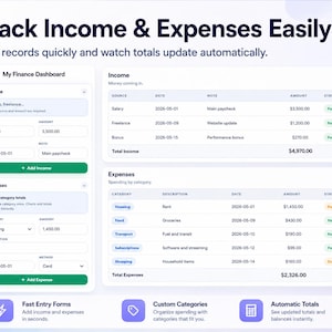 May include: A digital financial dashboard interface displays income and expenses. The interface shows income sources, dates, amounts, and statuses. Expenses are categorized, with amounts and statuses. The interface includes features for fast entry, custom categories, and automatic totals.