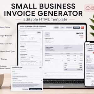 May include: A laptop and smartphone display a "Small Business Invoice Generator" template. The laptop screen shows an invoice form with fields for business and client information. The smartphone mirrors the invoice. A coffee cup and plant are in the background.