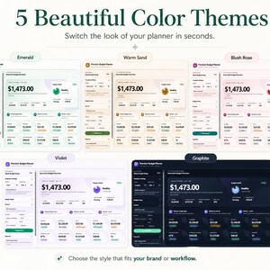 May include: An image showcasing five color themes for a planner: Emerald, Warm Sand, Blush Rose, Violet, and Graphite. Each theme displays a budget overview with a $1,473.00 balance. Text reads "5 Beautiful Color Themes" and "Switch the look of your planner in seconds."