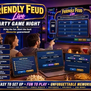 Peut inclure: Image promotionnelle pour "Friendly Feud Live", une soirée de jeu. L'image montre un écran de télévision affichant l'interface du jeu, avec des ordinateurs portables et des tablettes affichant la configuration du jeu et les couleurs des équipes.