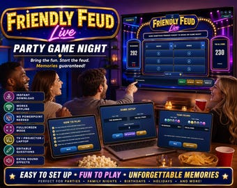 Juego de fiesta en vivo Friendly Feud, juego de fiesta familiar en HTML, preguntas editables, no requiere PowerPoint, funciona sin conexión, juego para proyector de TV